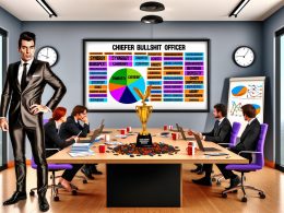 Satirisches Bürobild mit selbstbewusstem Manager vor PowerPoint-Folie voller Buzzwords, genervten Mitarbeitern am Laptop und einer Trophäe mit der Aufschrift 'Chief Bullshit Officer'.