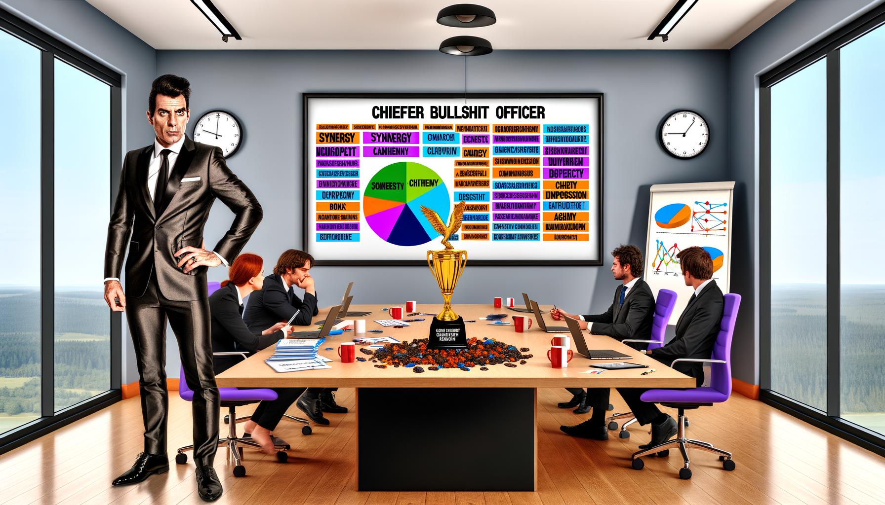 Satirisches Bürobild mit selbstbewusstem Manager vor PowerPoint-Folie voller Buzzwords, genervten Mitarbeitern am Laptop und einer Trophäe mit der Aufschrift 'Chief Bullshit Officer'.