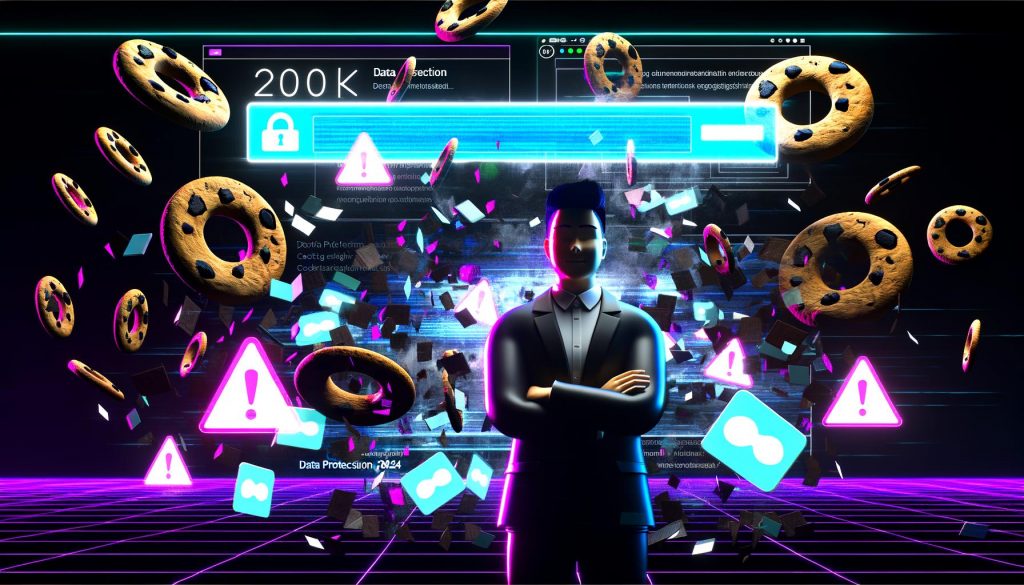 Stylische Person blickt selbstbewusst auf eine moderne Website mit riesigen Cookies, grellen Popup-Bannern und dem Schriftzug Datenschutz 2024 in neonfarbenem Licht.