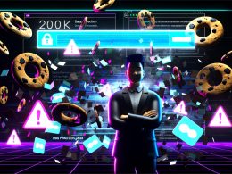 Stylische Person blickt selbstbewusst auf eine moderne Website mit riesigen Cookies, grellen Popup-Bannern und dem Schriftzug Datenschutz 2024 in neonfarbenem Licht.