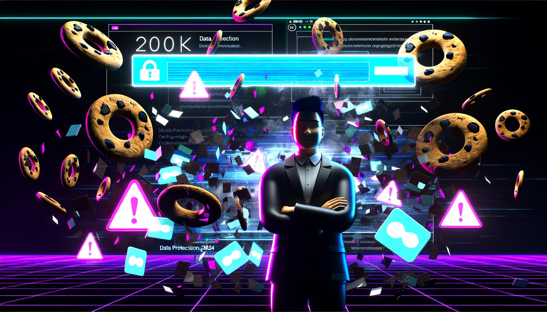 Stylische Person blickt selbstbewusst auf eine moderne Website mit riesigen Cookies, grellen Popup-Bannern und dem Schriftzug Datenschutz 2024 in neonfarbenem Licht.