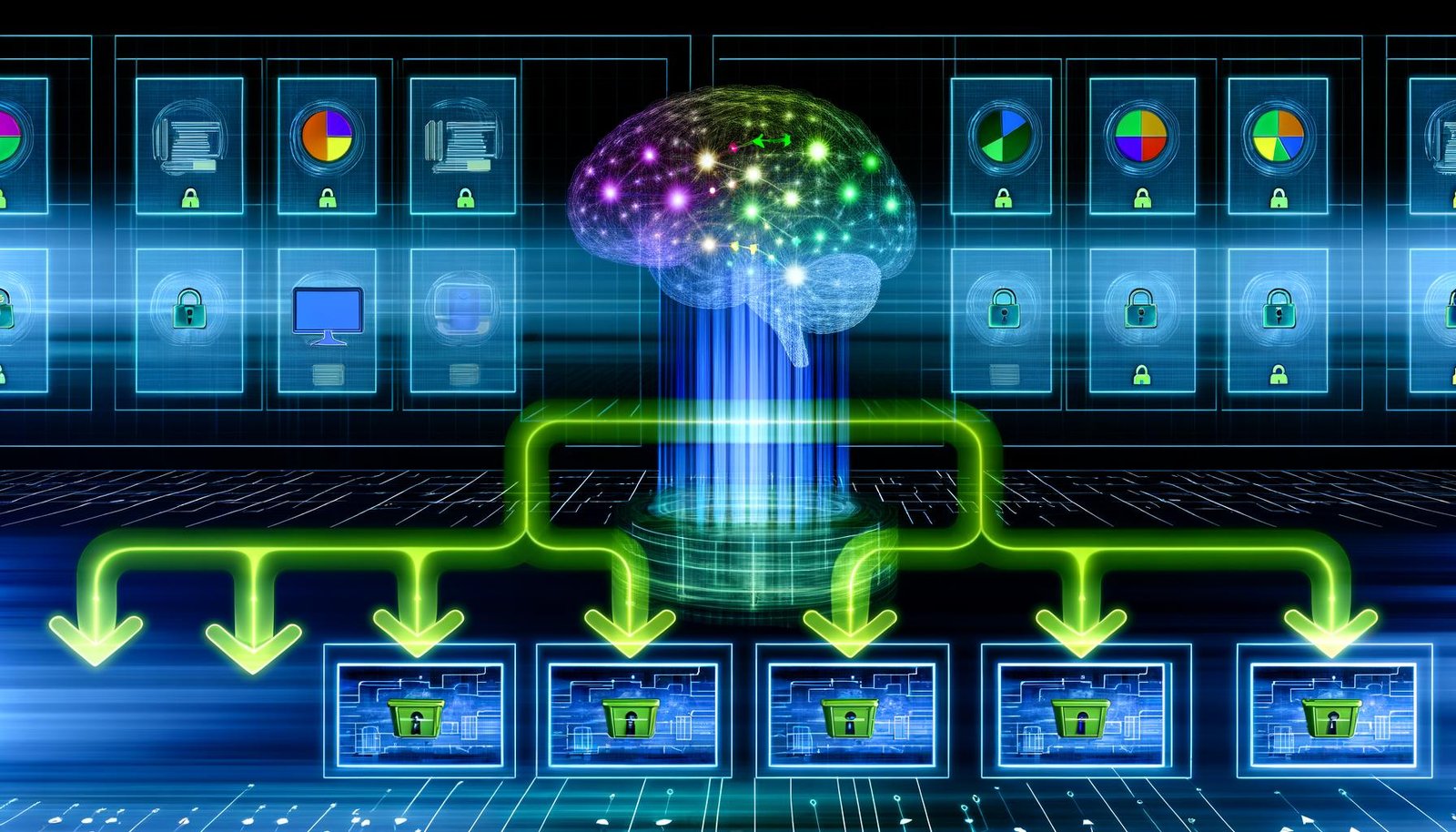 Modernes Kontrollzentrum als stilisiertes Gehirn mit leuchtenden Datenpipelines, die verschiedene digitale Quellen mit einem zentralen Hub verbinden. Auf Monitoren sind klare Datenflüsse, Transformationsstufen und Sicherheitssymbole sichtbar.