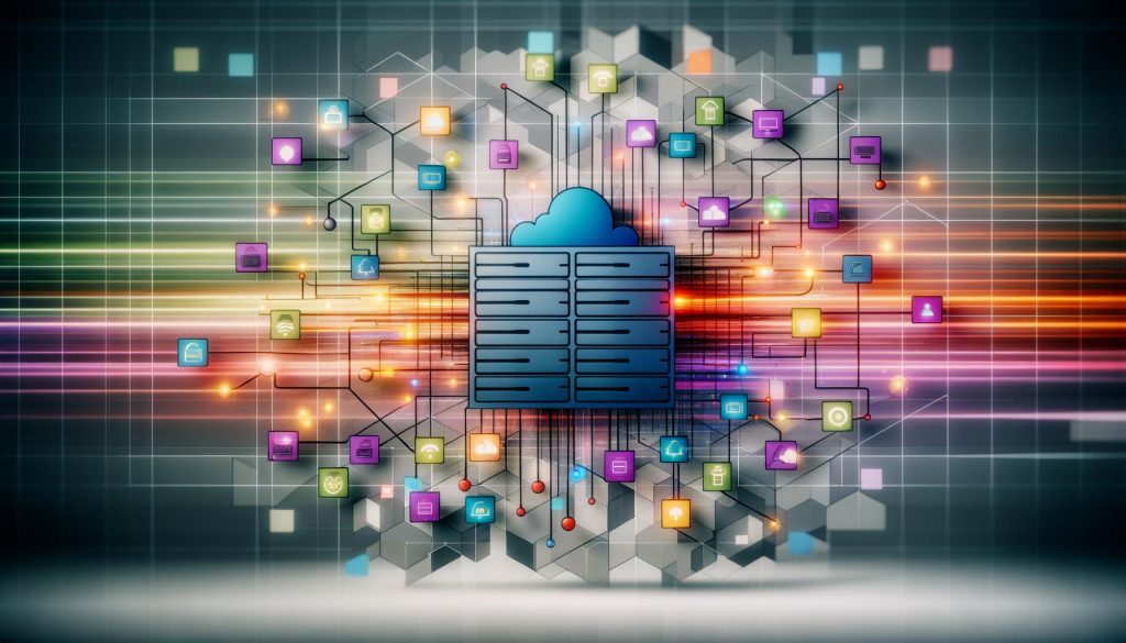 Stilisiertes Server-Rack mit bunten Verbindungslinien zu Cloud, Datenbanken, Netzwerken, modernen Endgeräten und digitalen Bausteinen im Flat Design vor geometrischem Hintergrund mit Sicherheitsschildern.