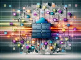 Stilisiertes Server-Rack mit bunten Verbindungslinien zu Cloud, Datenbanken, Netzwerken, modernen Endgeräten und digitalen Bausteinen im Flat Design vor geometrischem Hintergrund mit Sicherheitsschildern.