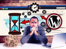 Illustration eines Website-Besitzers, der von Icons für langsame Webseiten und WordPress-Symbole umgeben ist, mit einem Vergleich zwischen veralteter und optimierter WordPress-Website im Hintergrund.