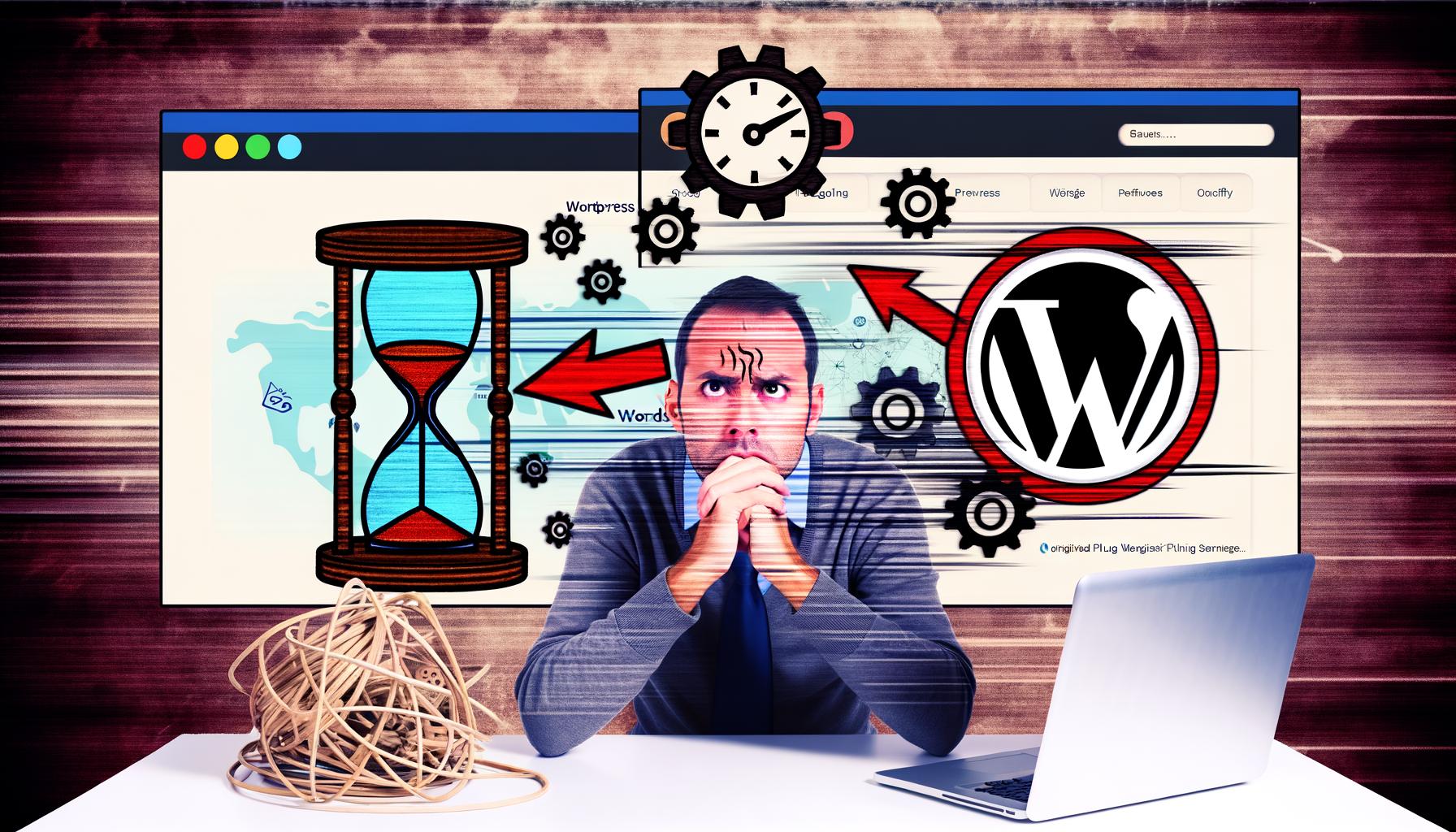 Illustration eines Website-Besitzers, der von Icons für langsame Webseiten und WordPress-Symbole umgeben ist, mit einem Vergleich zwischen veralteter und optimierter WordPress-Website im Hintergrund.