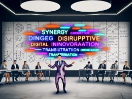 Gruppe von Geschäftsleuten in einem sterilen Konferenzraum mit charismatischem Präsentator, bunten Buzzwords als Hologramme und PowerPoint-Folie voller bedeutungsloser Grafiken.