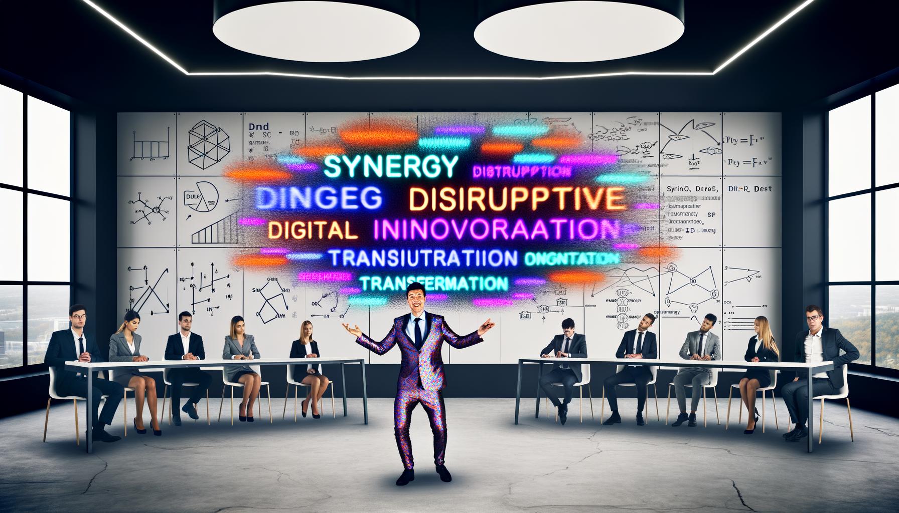 Gruppe von Geschäftsleuten in einem sterilen Konferenzraum mit charismatischem Präsentator, bunten Buzzwords als Hologramme und PowerPoint-Folie voller bedeutungsloser Grafiken.