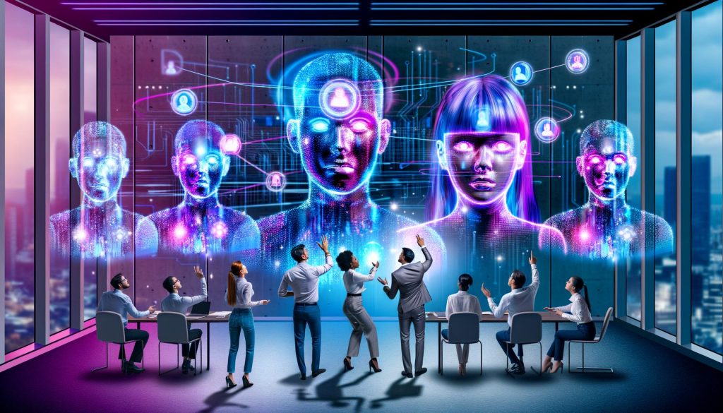 Dramatische Szene in einem futuristischen Büro: Marketer blicken auf holografische Digital Twins über digitalen Dashboards, verbunden durch leuchtende Datenlinien, mit KI-Steuerzentrale im Hintergrund.