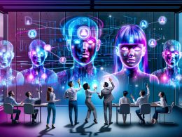 Dramatische Szene in einem futuristischen Büro: Marketer blicken auf holografische Digital Twins über digitalen Dashboards, verbunden durch leuchtende Datenlinien, mit KI-Steuerzentrale im Hintergrund.