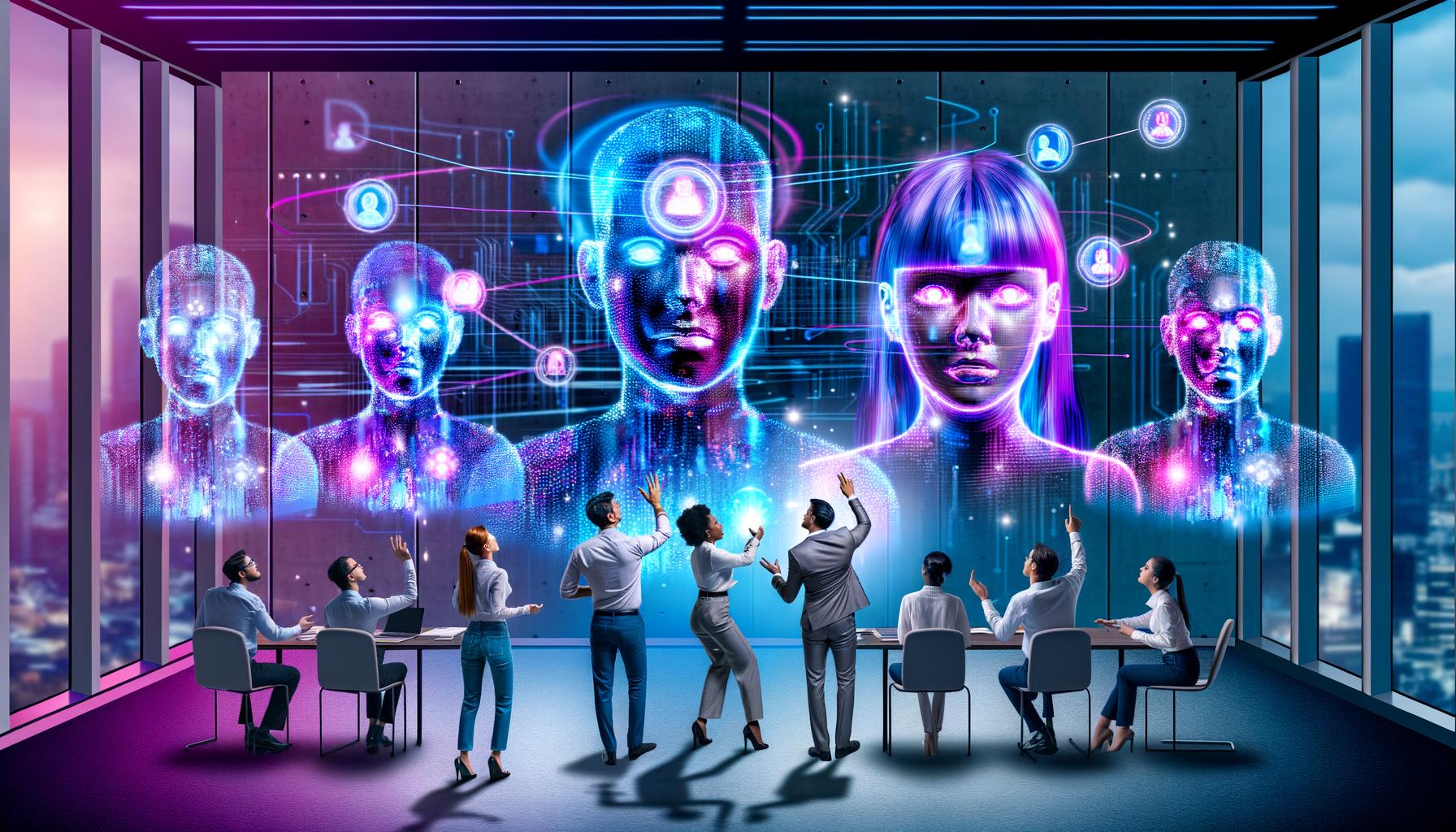 Dramatische Szene in einem futuristischen Büro: Marketer blicken auf holografische Digital Twins über digitalen Dashboards, verbunden durch leuchtende Datenlinien, mit KI-Steuerzentrale im Hintergrund.