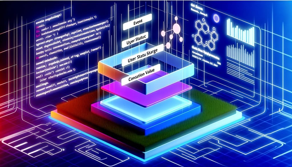 Illustration einer modernen Website mit sichtbarer Data Layer zwischen Frontend und Backend, transparentes Band mit Code, Analytics-Tools und futuristischen Grafik-Elementen.