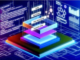 Illustration einer modernen Website mit sichtbarer Data Layer zwischen Frontend und Backend, transparentes Band mit Code, Analytics-Tools und futuristischen Grafik-Elementen.