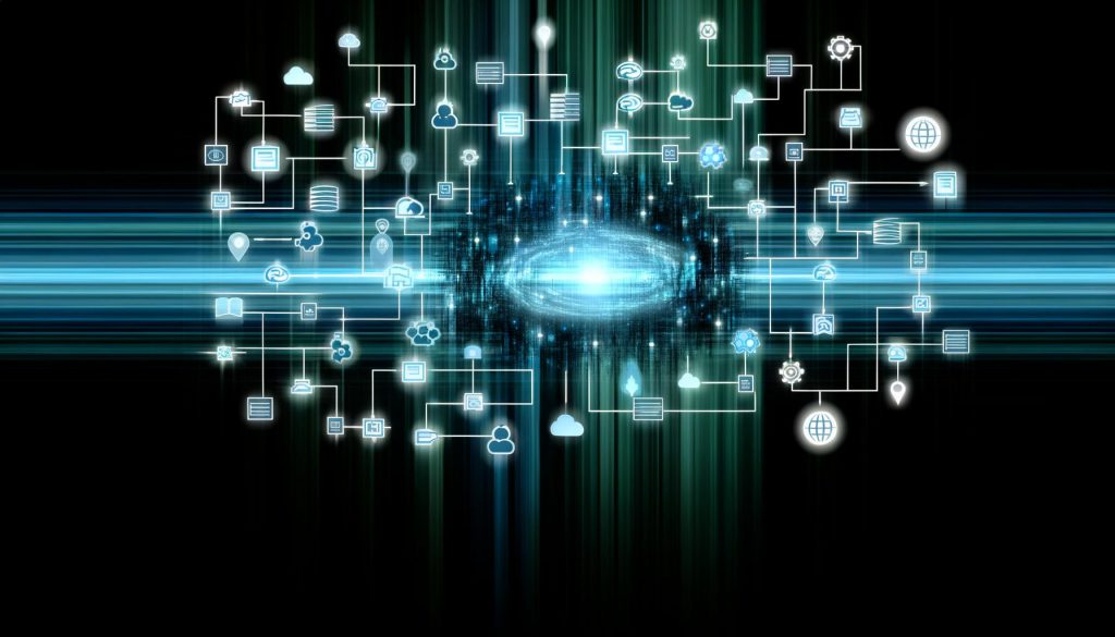 Abstrakte Illustration einer Data Pipeline Integration mit verschiedenen Datenquellen und zentralem Data Warehouse, modern gestaltet mit leuchtenden Linien, futuristischem Farbschema und klaren Symbolen für ETL, Transformation und Monitoring.