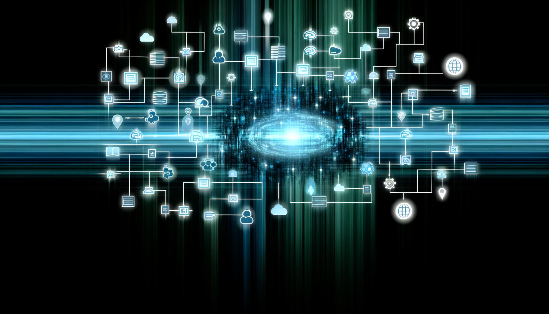 Abstrakte Illustration einer Data Pipeline Integration mit verschiedenen Datenquellen und zentralem Data Warehouse, modern gestaltet mit leuchtenden Linien, futuristischem Farbschema und klaren Symbolen für ETL, Transformation und Monitoring.