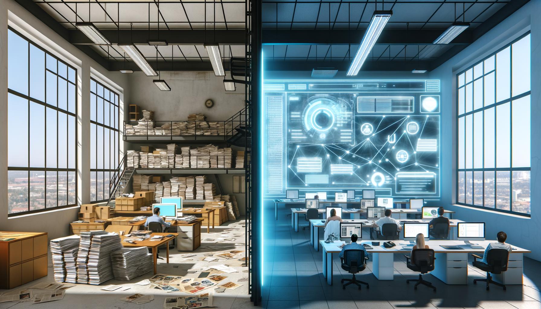 Ein modernes Redaktionsbüro mit deutlichem Kontrast zwischen traditionellem Papierarbeitsplatz und einer hochmodernen, digitalen Arbeitszone mit transparenten Touchscreens und KI-Technologie.