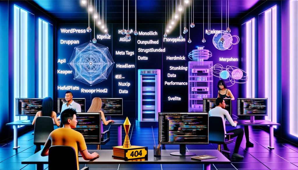 Futuristischer Arbeitsplatz mit Entwicklerteam vor Monitoren, die API-Architekturen, strukturierte Daten und SEO-Performance-Grafiken zeigen. Im Hintergrund Monolith-Server und moderne Headless-Stacks, im Vordergrund ein goldenes SEO-Ticket.