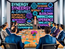 Mitarbeiter im modernen Meetingraum mit Manager, der auf Bildschirm voller Business-Buzzwords zeigt, während Teilnehmer unterschiedlich reagieren.