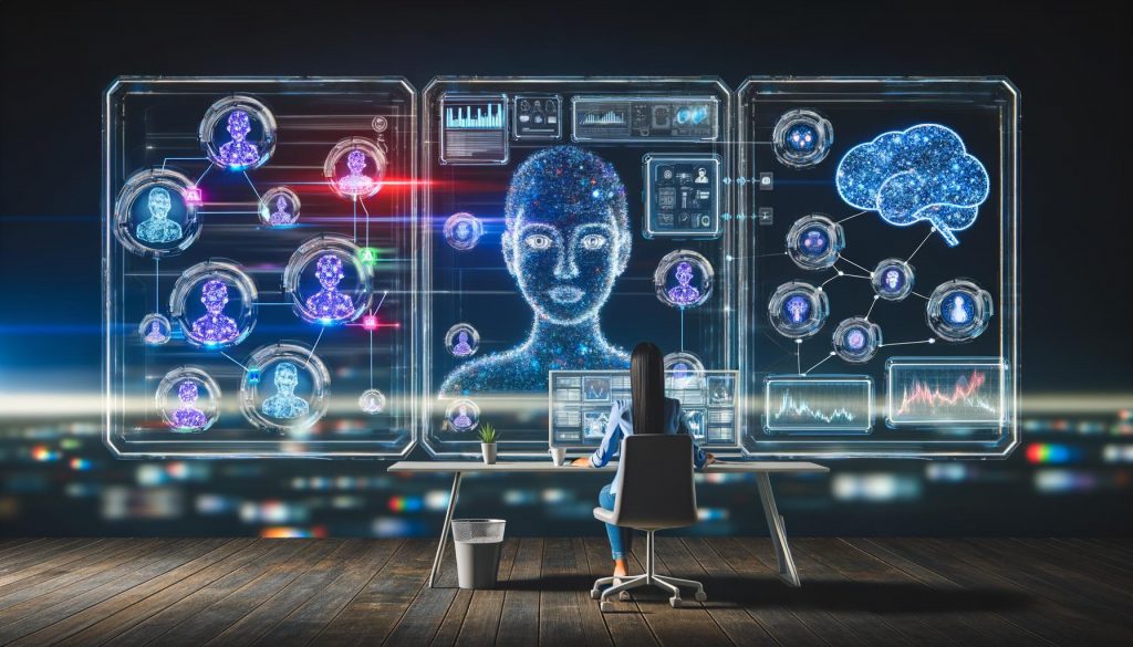 Futuristisches Kontrollzentrum mit Mensch an transparenten Bildschirmen, umgeben von leuchtenden Datenströmen, KI-Avataren und vernetzten digitalen Strukturen in dunklen Blautönen
