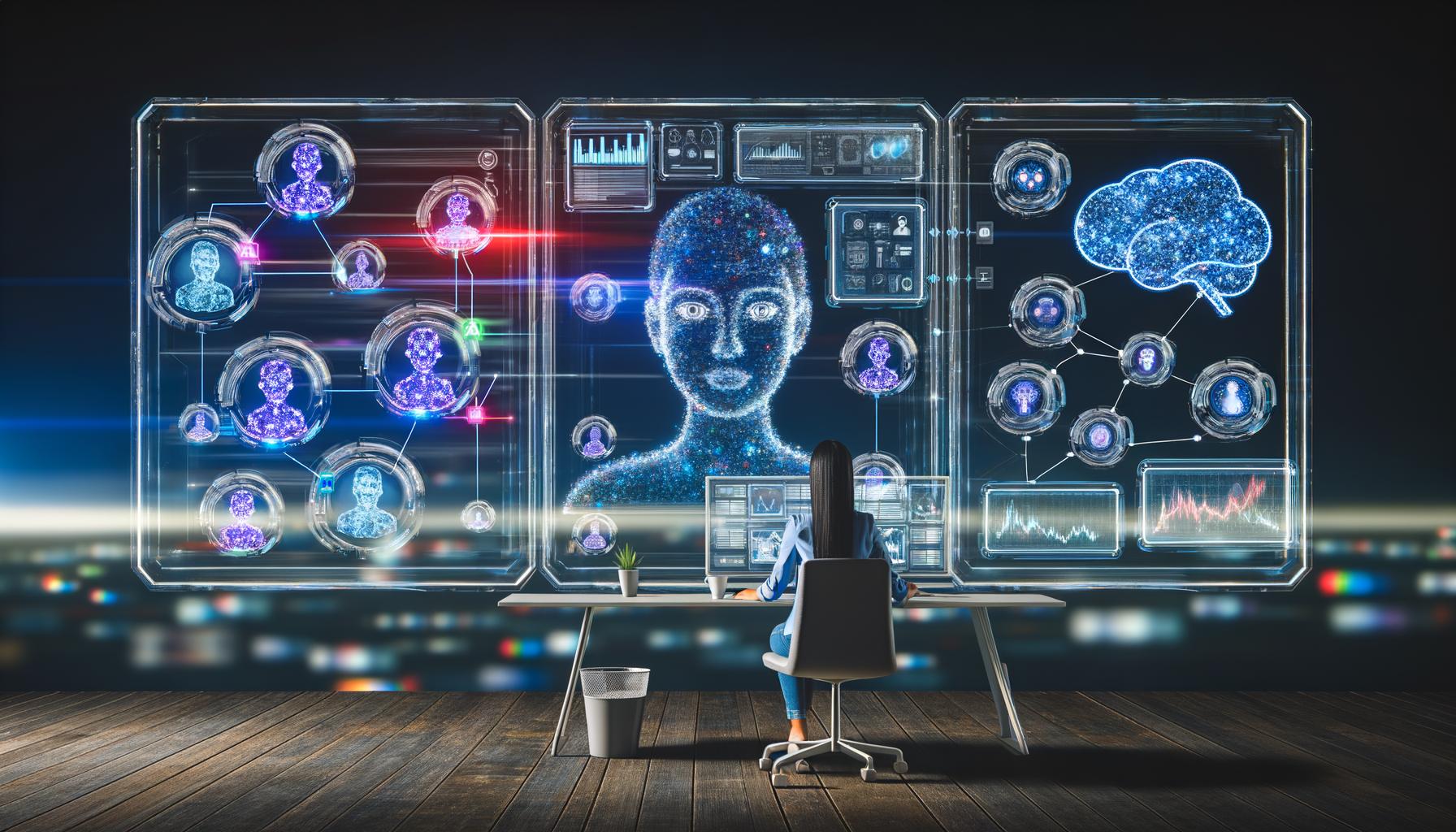 Futuristisches Kontrollzentrum mit Mensch an transparenten Bildschirmen, umgeben von leuchtenden Datenströmen, KI-Avataren und vernetzten digitalen Strukturen in dunklen Blautönen