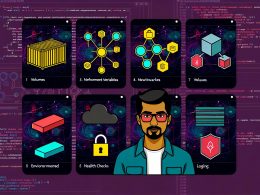 Illustration eines modernen Entwicklers vor mehreren Monitoren mit komplexen Docker-Strukturen, Icons für Docker-Komponenten, Schritt-für-Schritt-Checklisten, Fehlerbehebung, Team-Collaboration und goldener Docker-Medaille als Symbol für Best Practices.