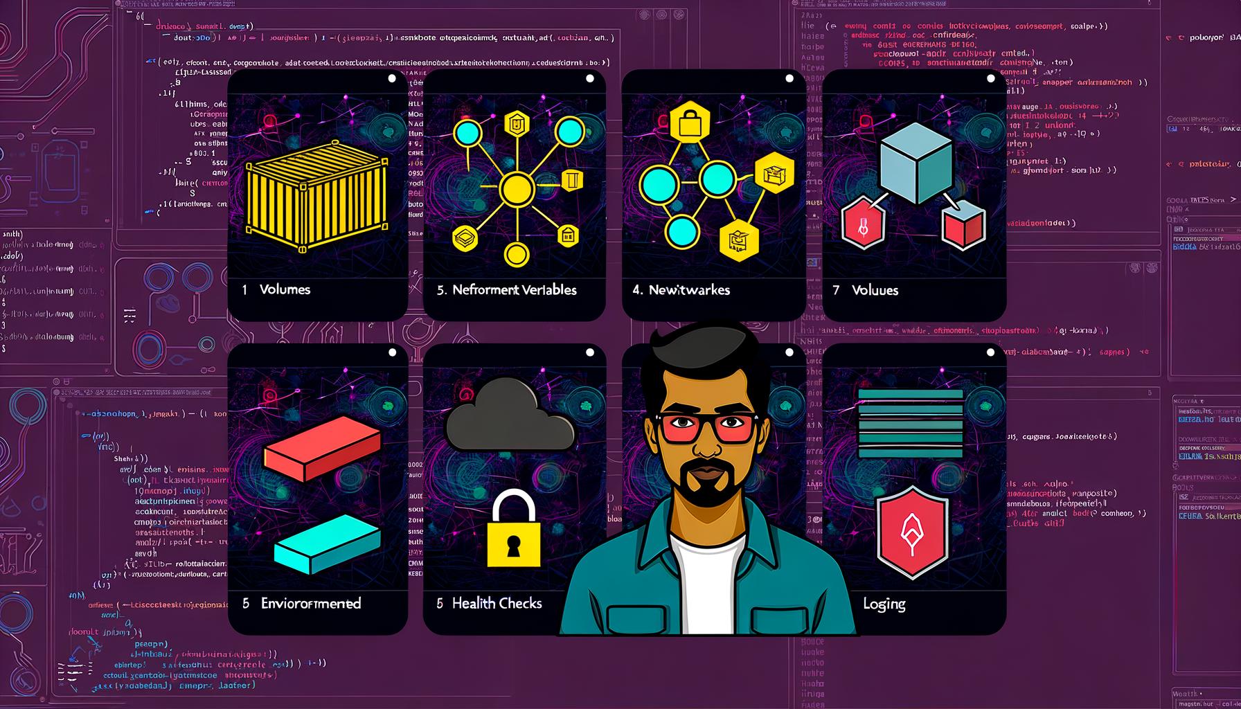 Illustration eines modernen Entwicklers vor mehreren Monitoren mit komplexen Docker-Strukturen, Icons für Docker-Komponenten, Schritt-für-Schritt-Checklisten, Fehlerbehebung, Team-Collaboration und goldener Docker-Medaille als Symbol für Best Practices.