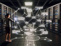 Marketing-Managerin steuert im Serverraum ein modernes holografisches Data-Layer-Panel mit Datenströmen und Analytik-Begriffen.