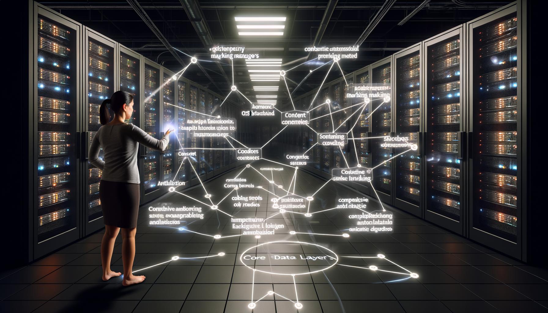 Marketing-Managerin steuert im Serverraum ein modernes holografisches Data-Layer-Panel mit Datenströmen und Analytik-Begriffen.