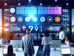 Großer Monitor mit modernem Content Management Dashboard, darauf bunter Content-Kalender, SEO-Daten, Performance-Widgets, Multichannel-Publishing-Buttons und Asset-Manager. Drei Marketing-Profis besprechen die Ergebnisse im offenen Büro.