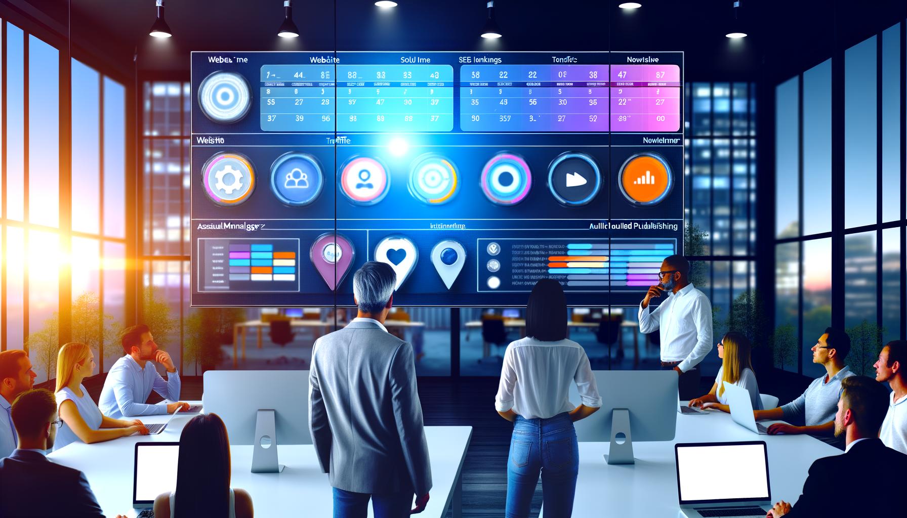 Großer Monitor mit modernem Content Management Dashboard, darauf bunter Content-Kalender, SEO-Daten, Performance-Widgets, Multichannel-Publishing-Buttons und Asset-Manager. Drei Marketing-Profis besprechen die Ergebnisse im offenen Büro.