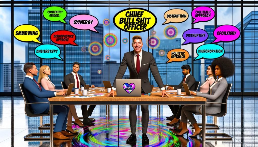 Satirisches Meeting in einem modernen Konferenzraum mit Chief Bullshit Officer, verwirrten Teammitgliedern und Business-Buzzwords.