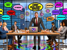 Satirisches Meeting in einem modernen Konferenzraum mit Chief Bullshit Officer, verwirrten Teammitgliedern und Business-Buzzwords.