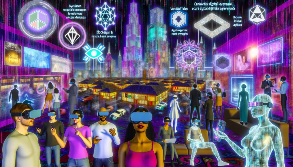 Hyperdetaillierte 3D-Collage des Metaverse als digitale Stadt mit Avataren, VR-Brillen, NFT-Hologrammen, Markenwerbung und virtuellen Showrooms