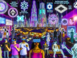 Hyperdetaillierte 3D-Collage des Metaverse als digitale Stadt mit Avataren, VR-Brillen, NFT-Hologrammen, Markenwerbung und virtuellen Showrooms