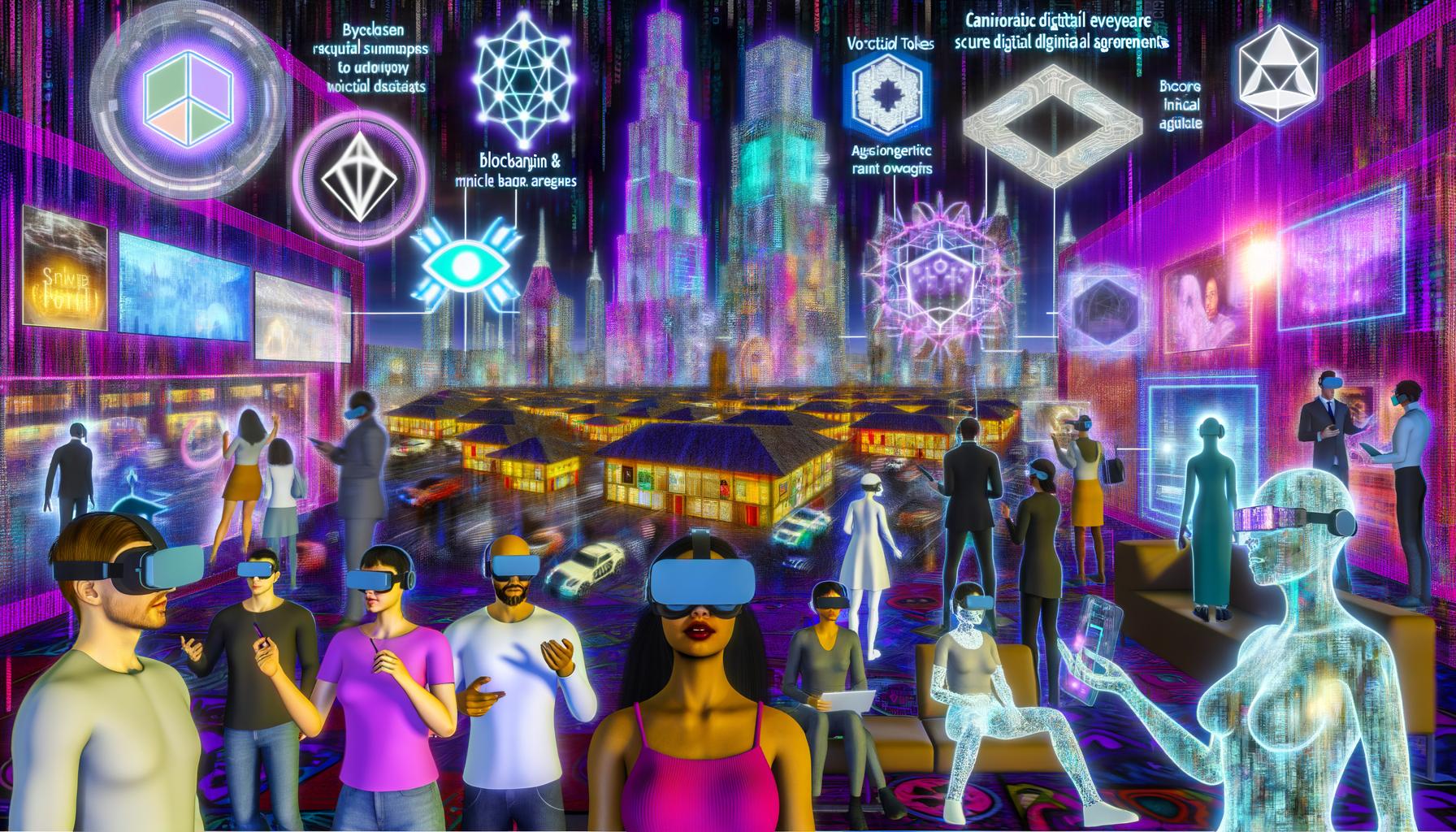 Hyperdetaillierte 3D-Collage des Metaverse als digitale Stadt mit Avataren, VR-Brillen, NFT-Hologrammen, Markenwerbung und virtuellen Showrooms