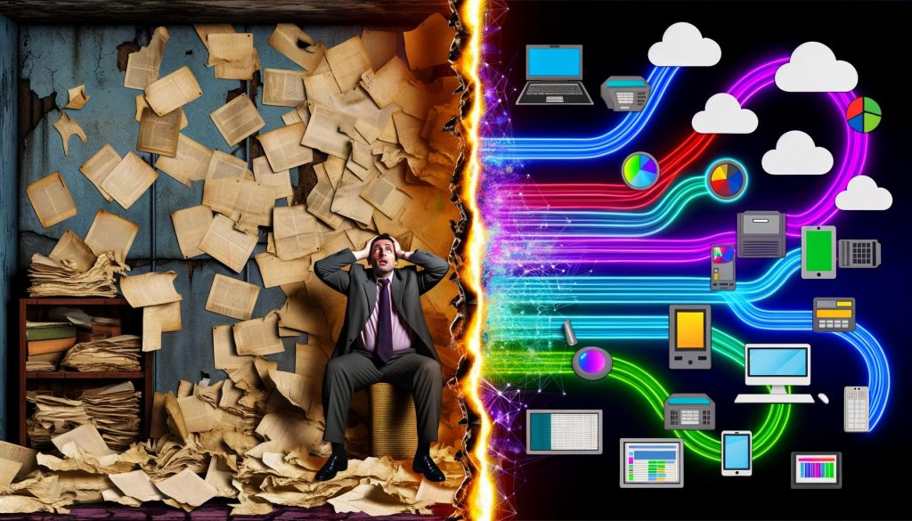 Geteilte Illustration eines Marketers vor chaotischen alten Excel-Tabellen und modernen, automatisierten Data-Pipelines für effizientes Marketing.