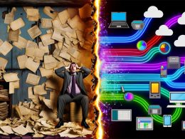 Geteilte Illustration eines Marketers vor chaotischen alten Excel-Tabellen und modernen, automatisierten Data-Pipelines für effizientes Marketing.