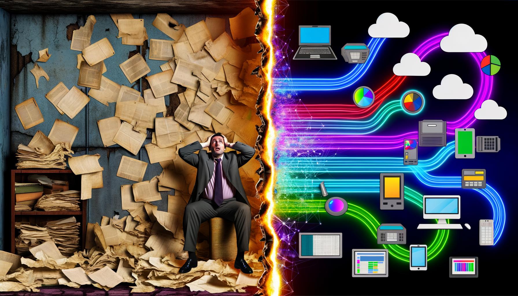 Geteilte Illustration eines Marketers vor chaotischen alten Excel-Tabellen und modernen, automatisierten Data-Pipelines für effizientes Marketing.