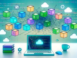 Dynamisches Titelbild mit stilisiertem Laptop, bunten Docker-Containern (Node.js, Python, PostgreSQL, Redis, Elasticsearch) und Entwickler-Symbolen vor modernem Workspace.