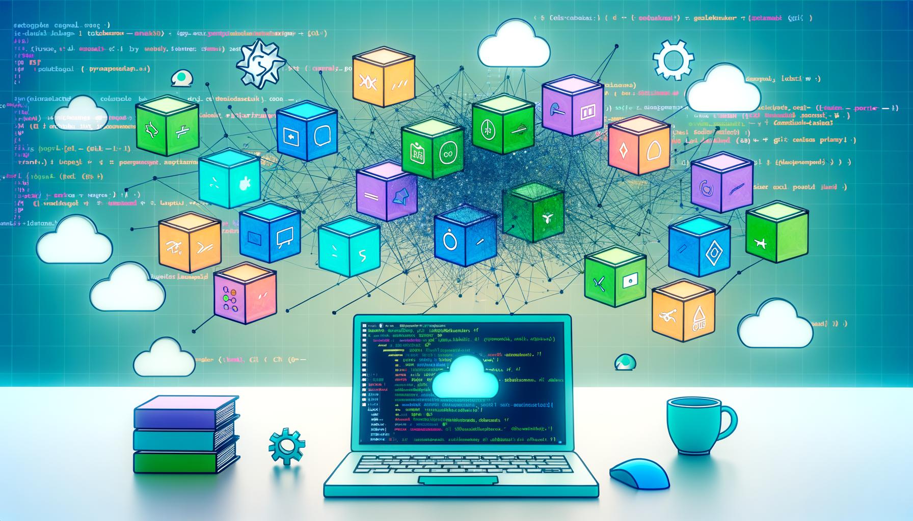 Dynamisches Titelbild mit stilisiertem Laptop, bunten Docker-Containern (Node.js, Python, PostgreSQL, Redis, Elasticsearch) und Entwickler-Symbolen vor modernem Workspace.