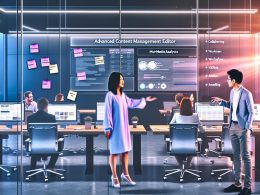 Team arbeitet in moderner Redaktion an Laptops und großen Bildschirmen mit fortschrittlichen Content-Management-Tools und Echtzeit-Kollaboration.