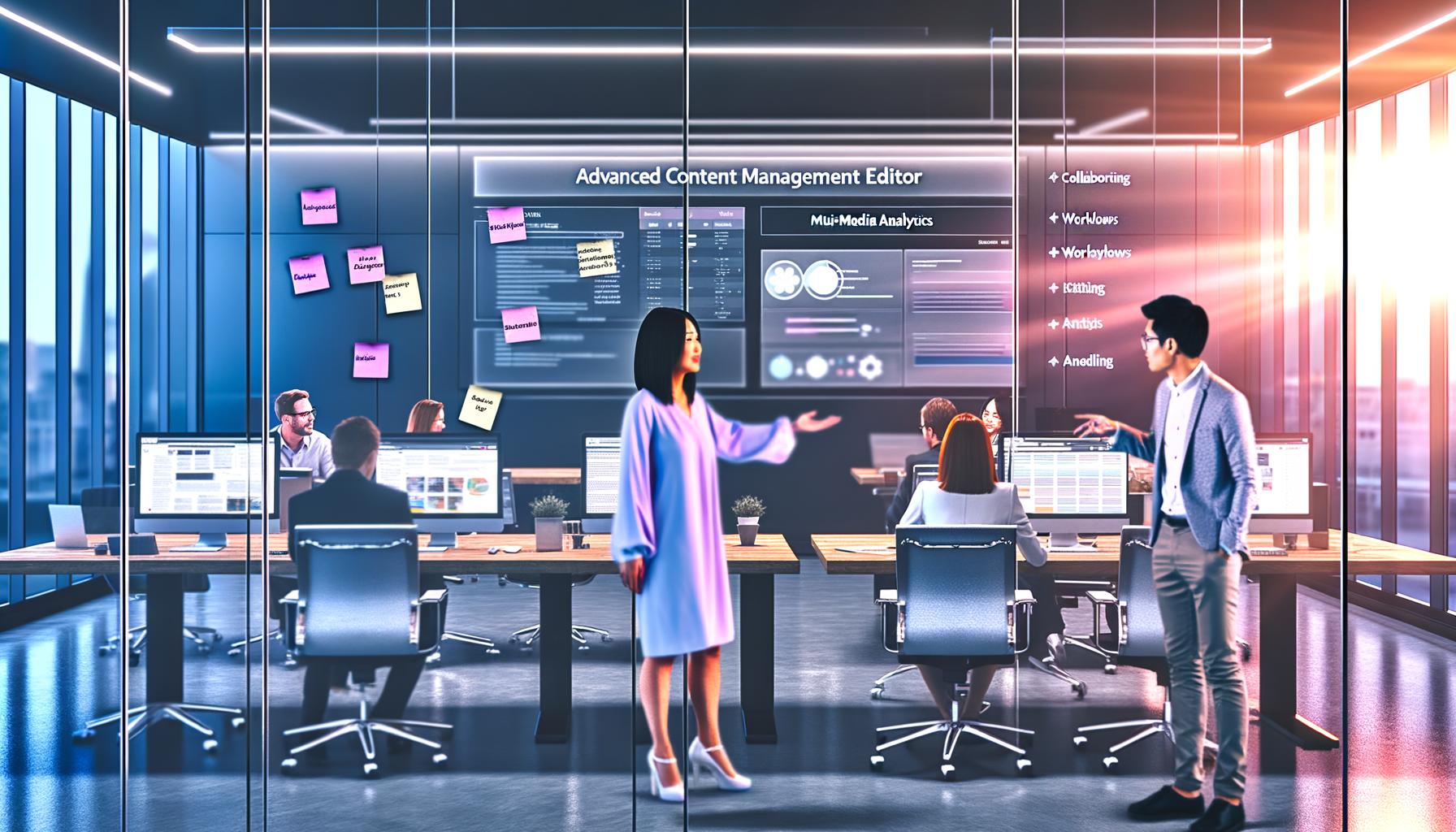 Team arbeitet in moderner Redaktion an Laptops und großen Bildschirmen mit fortschrittlichen Content-Management-Tools und Echtzeit-Kollaboration.