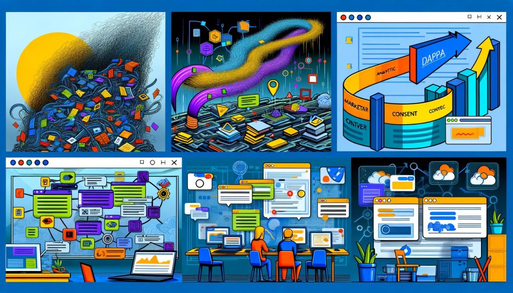 Illustration eines strukturierten Data Layers, der als geordnete Datenplattform Klarheit in einen verwirrenden Datenstrom auf einer Website bringt, umgeben von digitalen Datenpaketen, Codefragmenten und Icons für Analytics, Marketing und Consent.