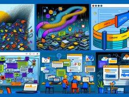 Illustration eines strukturierten Data Layers, der als geordnete Datenplattform Klarheit in einen verwirrenden Datenstrom auf einer Website bringt, umgeben von digitalen Datenpaketen, Codefragmenten und Icons für Analytics, Marketing und Consent.