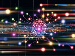 Futuristisches Titelbild mit bunten, leuchtenden Datenpunkten, vernetzt durch strahlende Linien auf dunklem Grid; unscharfe AI-Icons, Code-Zeilen und Datenströme im Hintergrund symbolisieren künstliche Intelligenz im digitalen Marketing 2024.