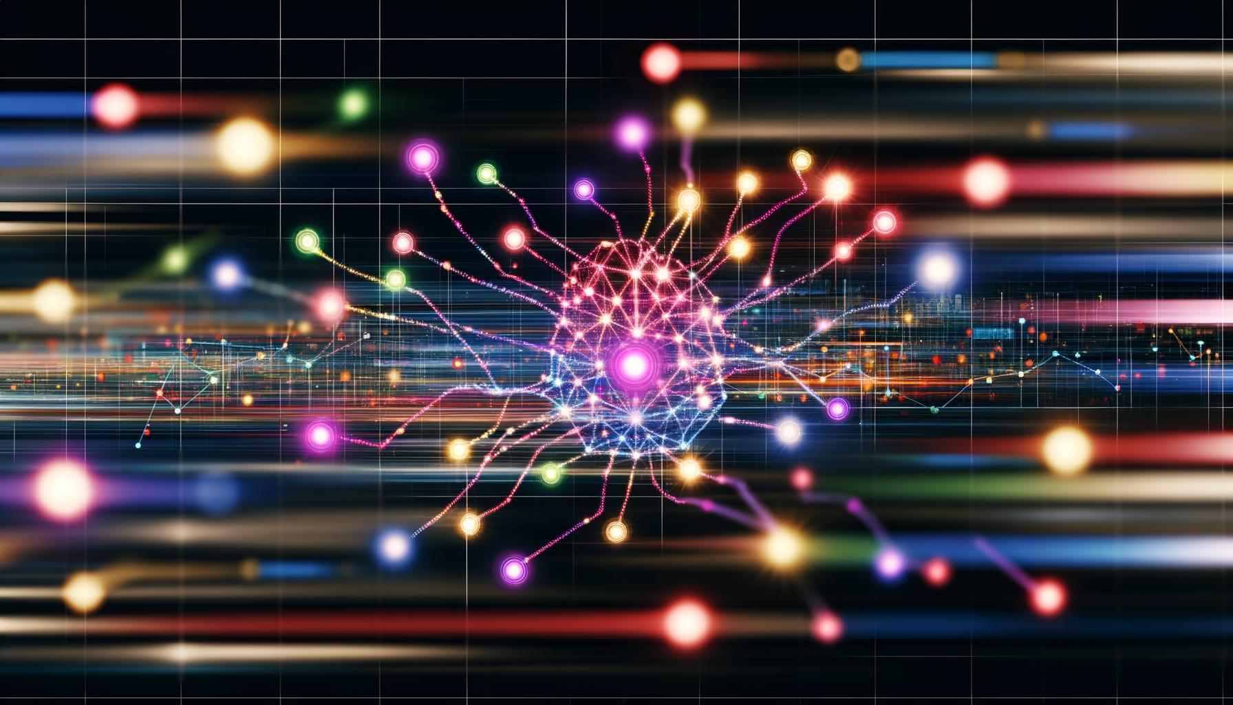 Futuristisches Titelbild mit bunten, leuchtenden Datenpunkten, vernetzt durch strahlende Linien auf dunklem Grid; unscharfe AI-Icons, Code-Zeilen und Datenströme im Hintergrund symbolisieren künstliche Intelligenz im digitalen Marketing 2024.