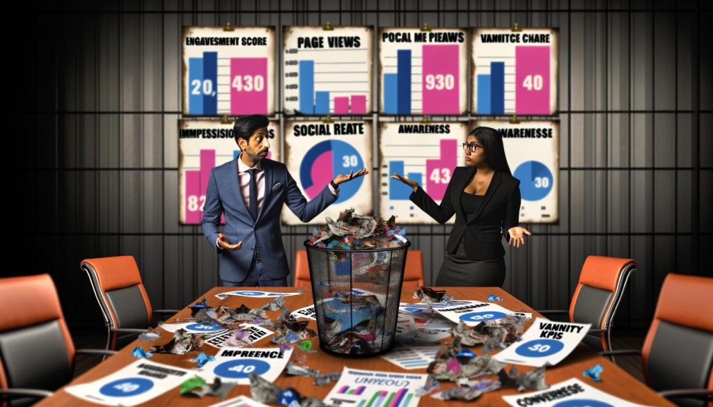 Zwei Marketer im chaotischen Büro voller Marketing-Dashboards und weggeworfener Berichte über Vanity-KPIs. Im Vordergrund ragt eine Conversion Rate Grafik hervor.