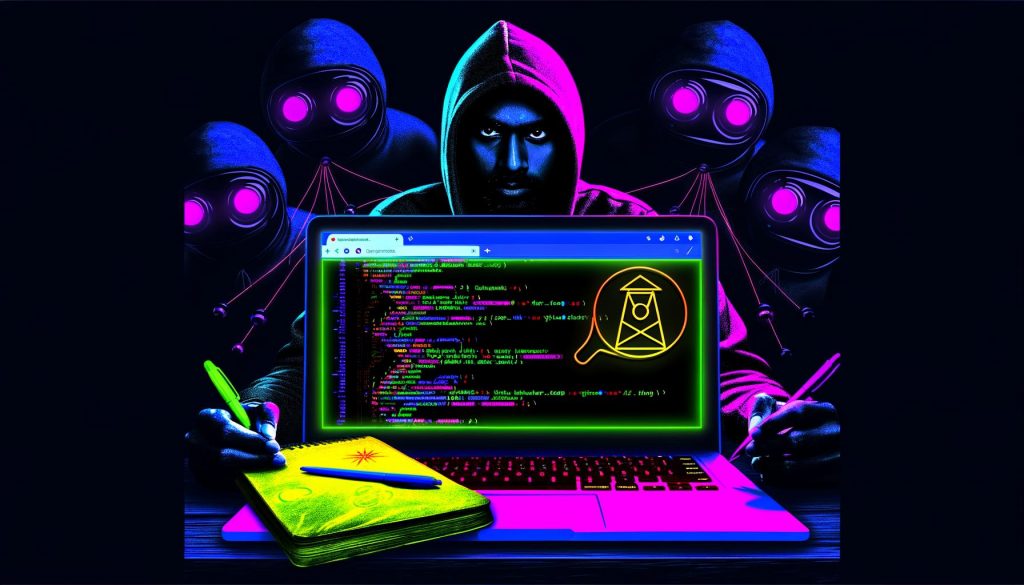 Dramatisches Titelbild einer modernen Webseite auf einem Laptop mit farbigen Meta-Tags, Code-Snippets, Lighthouse-Score-Grafik, suchmaschinen-ähnlichen Robotern im Hintergrund und einem Entwickler im Hoodie mit Notizbuch im Vordergrund.