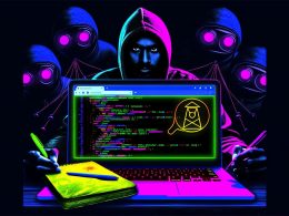 Dramatisches Titelbild einer modernen Webseite auf einem Laptop mit farbigen Meta-Tags, Code-Snippets, Lighthouse-Score-Grafik, suchmaschinen-ähnlichen Robotern im Hintergrund und einem Entwickler im Hoodie mit Notizbuch im Vordergrund.