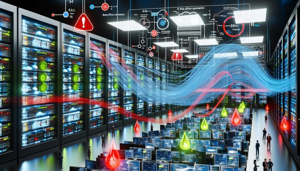 Moderner Maschinenraum mit leuchtenden Datenströmen, Data Engineers an transparenten Datenpipelines, schwebenden Diagrammen und Echtzeit-Dashboards als Sinnbild für Data Pipeline Optimierung.